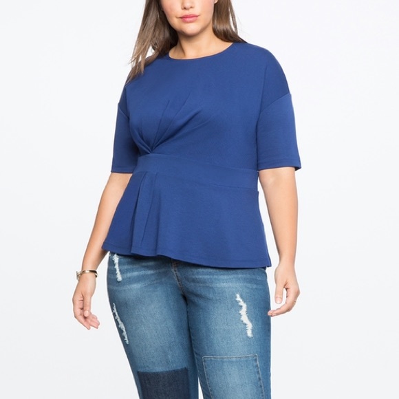Eloquii Tops - Eloquii Blue Elbow Sleeve Asymmetrical Pleated Top